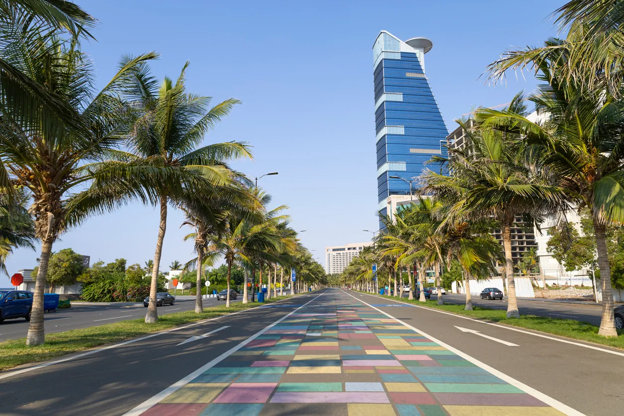 Traditional Saudi architecture with wooden balconies in Al-Balad 